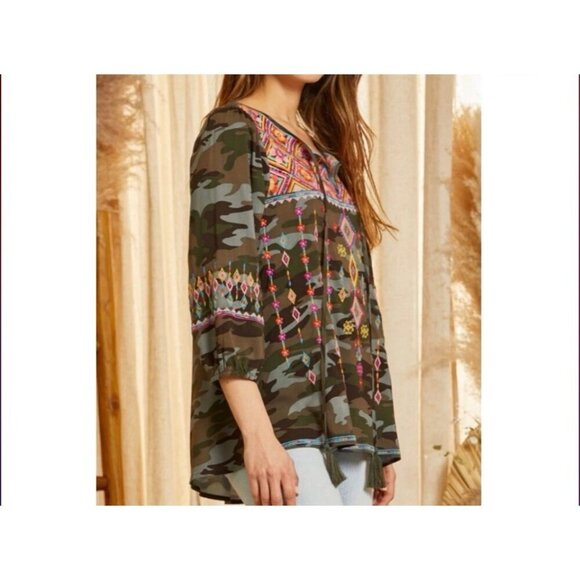 SAVANNA  JANE Women’s Embriodered Tassel Geometric Print Boho Tassel Tunic Sz S - Picture 3 of 12